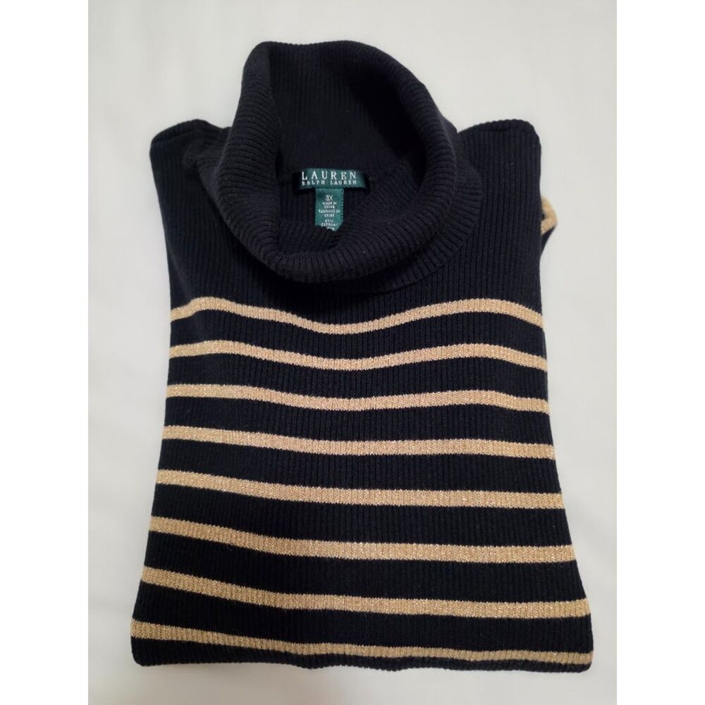 Lauren Ralph Lauren Logo Striped Turtleneck Ribbed Size 3X Black & Gold Shimmer